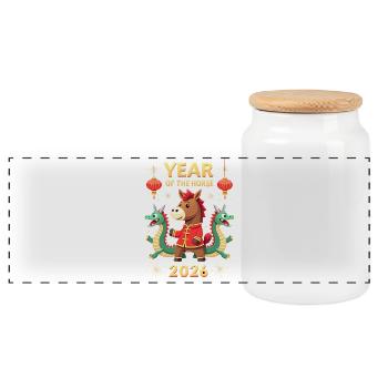Chinese New Year Of The Horse 2026 - Panoramic Cookie Jar with Wooden Lid - white - Front