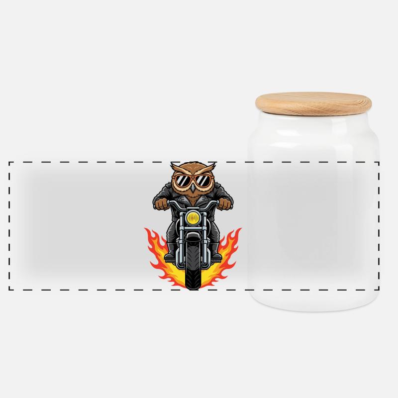 Cool Biker Owl Motorradflammen - Panorama Keksdose mit Holzdeckel - Weiß