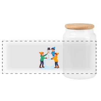 Happy children building a snowman - Panoramic Cookie Jar with Wooden Lid - white - Front