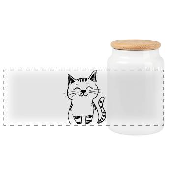 Minimal Smiling Cat Line Art – Happy Kitty - Panorama Keksdose mit Holzdeckel - Weiß - Vorne