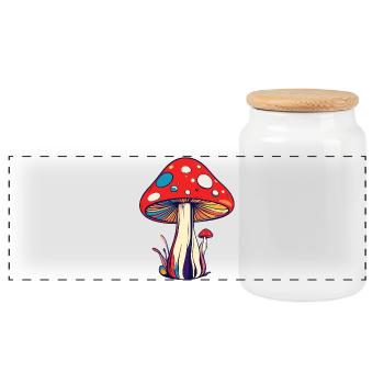 Colorful Flies Mushroom Psychedelic Pattern Mushrooms - Panoramic Cookie Jar with Wooden Lid - white - Front