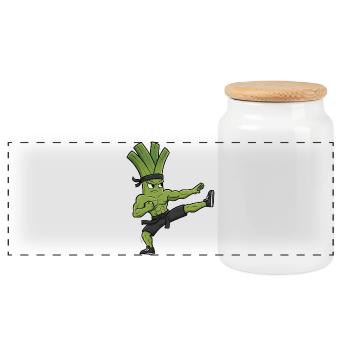 Karate Kick Leek Onion Celery Martial Arts Kuns - Panoramic Cookie Jar with Wooden Lid - white - Front