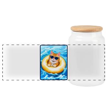 Katze im gelben Schwimmreifen - Panorama Keksdose mit Holzdeckel - Weiß - Vorne