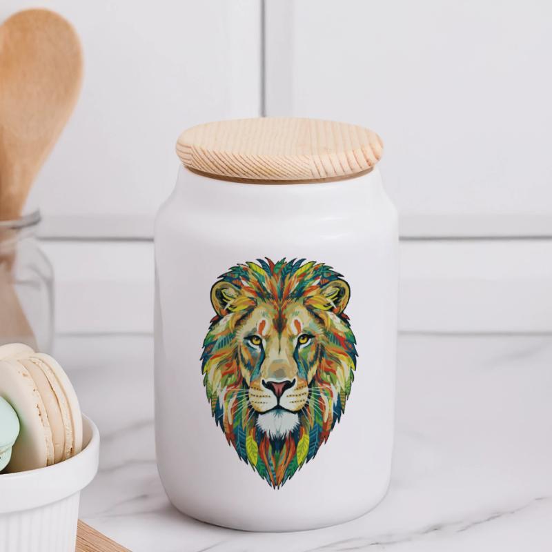 Colorful Lion Head with Leaf Pattern Panoramic Cookie Jar with Wooden Lid
