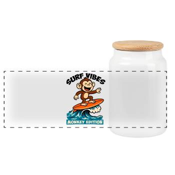 Surf Vibes, monkey edition. Happy surfing monkey - Panoramic Cookie Jar with Wooden Lid - white - Front