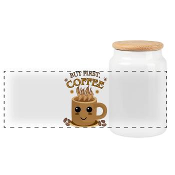 Mais d’abord, le café – Kawaii | Motif de tasse de café - Boîte à biscuits avec couvercle en bois - blanc - Devant