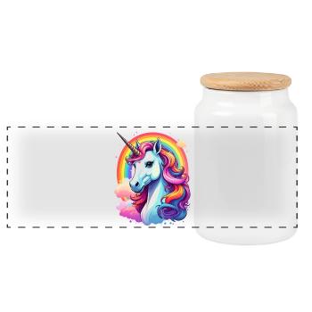 Unicorn with rainbow and clouds - Panoramic Cookie Jar with Wooden Lid - white - Front
