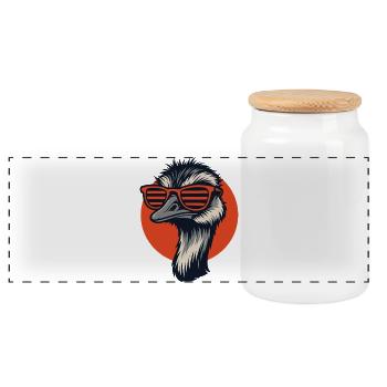 Bouquet with sunglasses, Nandu, Emu - Panoramic Cookie Jar with Wooden Lid - white - Front