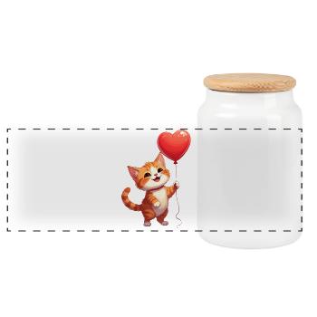 Katze mit Herzluftballon zum Valentinstag - Panorama Keksdose mit Holzdeckel - Weiß - Vorne
