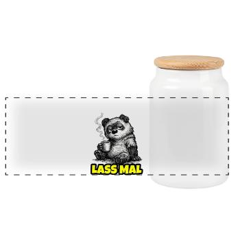 Lass mal. – Grumpy Bär mit Kaffee (Sketch) - Panorama Keksdose mit Holzdeckel - Weiß - Vorne