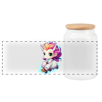 Rainbow Unicorn on skateboard - Panoramic Cookie Jar with Wooden Lid - white - Front