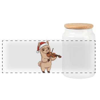 Christmas Llama Alpaca Playing Violin Art - Panoramic Cookie Jar with Wooden Lid - white - Front
