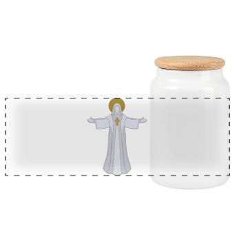 Open Arms Saint Halo Jesus God - Panoramic Cookie Jar with Wooden Lid - white - Front