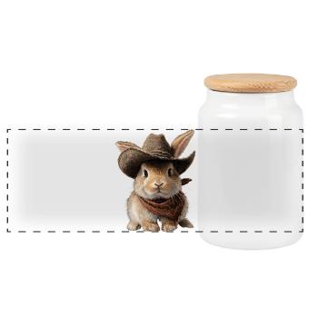 Bunny Rabbit Cowboy Hat Western Country - Panoramic Cookie Jar with Wooden Lid - white - Front