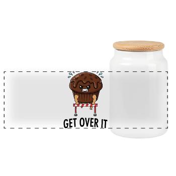 Muffin Sports Candy Runner Hurdles Saying - Panoramic Cookie Jar with Wooden Lid - white - Front