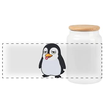 Tired Penguin Cartoon Floppy Tongue Out - Panoramic Cookie Jar with Wooden Lid - white - Front