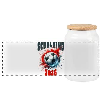 Schulkind 2026 - Fußball - Panorama Keksdose mit Holzdeckel - Weiß - Vorne