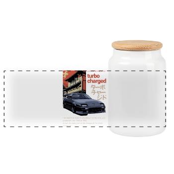 Turbocharged A70 Supra Car Retro Graphic - Panoramic Cookie Jar with Wooden Lid - white - Front