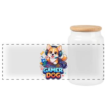 Gamer Dog – Kawaii Hund mit Headset & Tastatur - Panorama Keksdose mit Holzdeckel - Weiß - Vorne