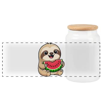 Dessin animé drôle, melon paresseux d’été avec des fruits mignons - Boîte à biscuits avec couvercle en bois - blanc - Devant