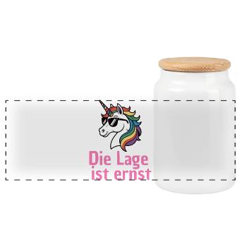LAGE IST ERNST, COOLES EINHORN! LUSTIGER SPRUCH - Panorama Keksdose mit Holzdeckel - Weiß - Vorne
