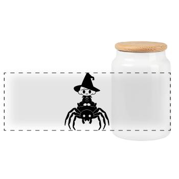 Cute Witch Rides Spider Halloween Motif - Panoramic Cookie Jar with Wooden Lid - white - Front