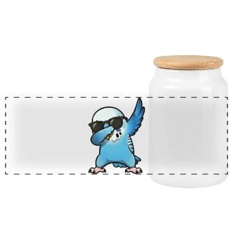 Dabbing Budgie Blue - Panoramic Cookie Jar with Wooden Lid - white - Front