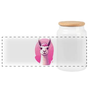 Llama / Alpaca in front of pink - Panoramic Cookie Jar with Wooden Lid - white - Front