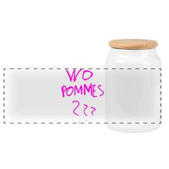 WoPommes – Lustiges Wortspiel Design mit Pommes  - Panorama Keksdose mit Holzdeckel - Weiß - Vorne