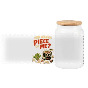 Wasabi Jagd: Retro Sushi Spruch – Piece of Me? - Panorama Keksdose mit Holzdeckel - Weiß - Vorne