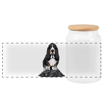 Basset Hound Dog on Rock Tricolor Portrait - Panoramic Cookie Jar with Wooden Lid - white - Front