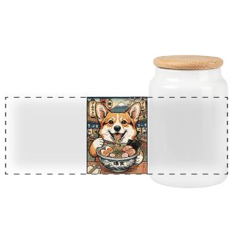 Corgi Ramen Dream at Mt Fuji - Panoramic Cookie Jar with Wooden Lid - white - Front