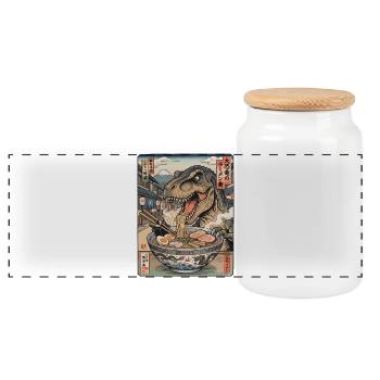 Ramen Roar: Dino, T-Rex in Ukiyo Street - Panoramic Cookie Jar with Wooden Lid - white - Front