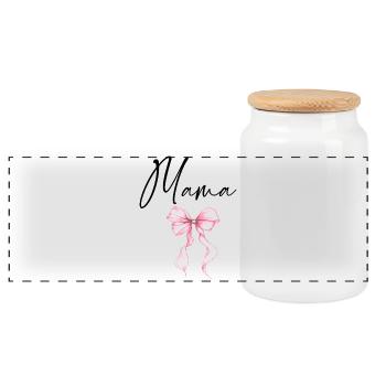 Mama Design mit Rosa Schleife – Süßes Mama Motiv - Panorama Keksdose mit Holzdeckel - Weiß - Vorne