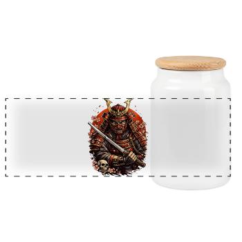 Samurai with cherry blossoms and skull - Panoramic Cookie Jar with Wooden Lid - white - Front