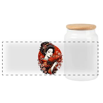 Geisha with Fan and Cherry Blossoms - Panoramic Cookie Jar with Wooden Lid - white - Front