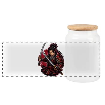 Samurai Fighter in Red Swirl - Panoramic Cookie Jar with Wooden Lid - white - Front