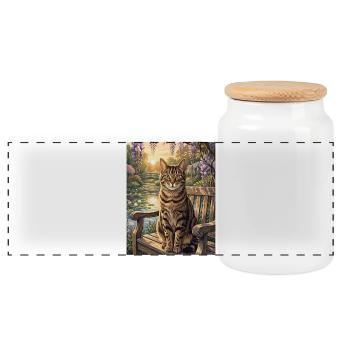 Tabby Cat in Serene Wisteria Garden - Panoramic Cookie Jar with Wooden Lid - white - Front