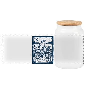 Frog on Bicycle – Woodcut Gift - Panoramic Cookie Jar with Wooden Lid - white - Front