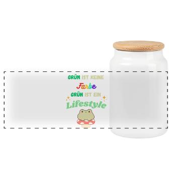 Grün ist Lifestyle – bunte Typo & Frosch - Panorama Keksdose mit Holzdeckel - Weiß - Vorne