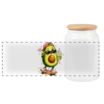 Avocado Skater with Drink - Panoramic Cookie Jar with Wooden Lid - white - Front