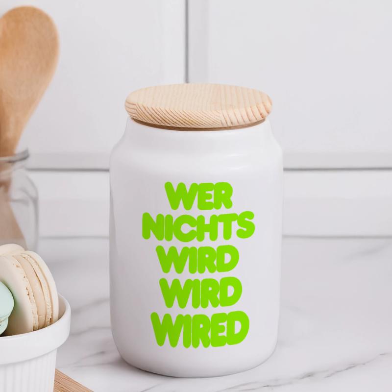 WER NICHTS WIRD WIRD WIRED - GRUENER IT SPRUCH Panorama Keksdose mit Holzdeckel