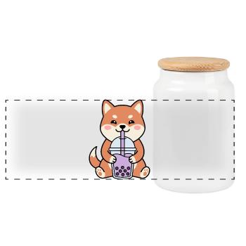 Shiba Inu Bubble Tea Charm - Panorama Keksdose mit Holzdeckel - Weiß - Vorne