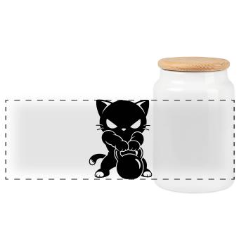 Fitness Cat with Kettlebell Motif - Panoramic Cookie Jar with Wooden Lid - white - Front