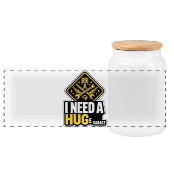 Need A Hug Huge Garage - Lustiger Schrauber Spruch - Panoramic Cookie Jar with Wooden Lid - white - Front