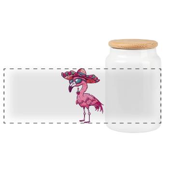 Flamingo Comic Funny Sombrero - Panoramic Cookie Jar with Wooden Lid - white - Front