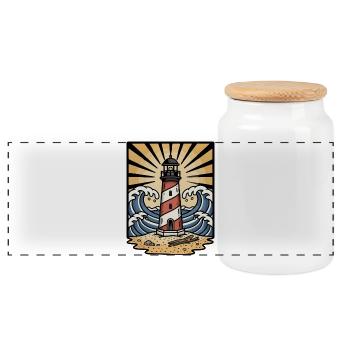 Leuchtturm, Meereswellen, Sonne, Retro-Tattoo - Panorama Keksdose mit Holzdeckel - Weiß - Vorne
