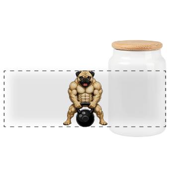 Pug Bodybuilder Workout with Kettlebell - Panoramic Cookie Jar with Wooden Lid - white - Front