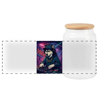 DJ Husky: Club Hund mit Hoodie & Graffiti - Panorama Keksdose mit Holzdeckel - Weiß - Vorne