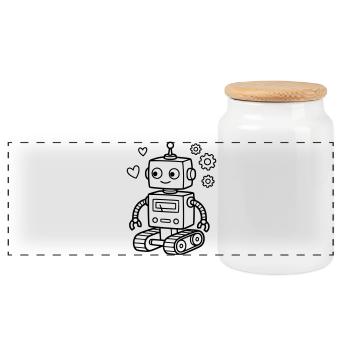 Robot Toy Children's Birthday Nerd Baby - Panoramic Cookie Jar with Wooden Lid - white - Front